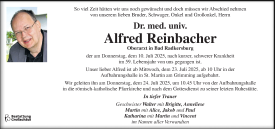 Traueranzeige von Alfred Reinbacher von Kleine Zeitung