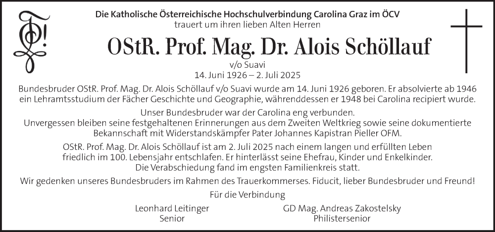  Traueranzeige für Alois Schöllauf vom 15.07.2025 aus Kleine Zeitung