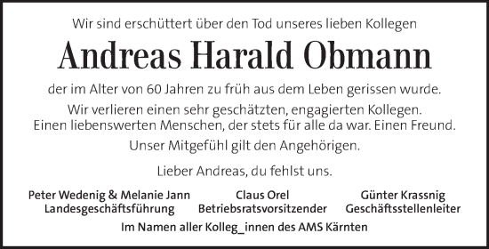 Traueranzeige von Andreas Harald Obmann von Kleine Zeitung