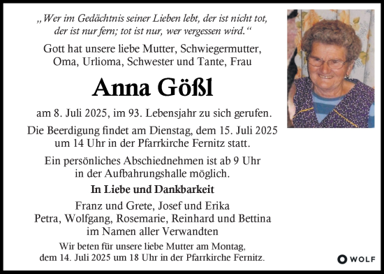 Traueranzeige von Anna Gößl von Kleine Zeitung