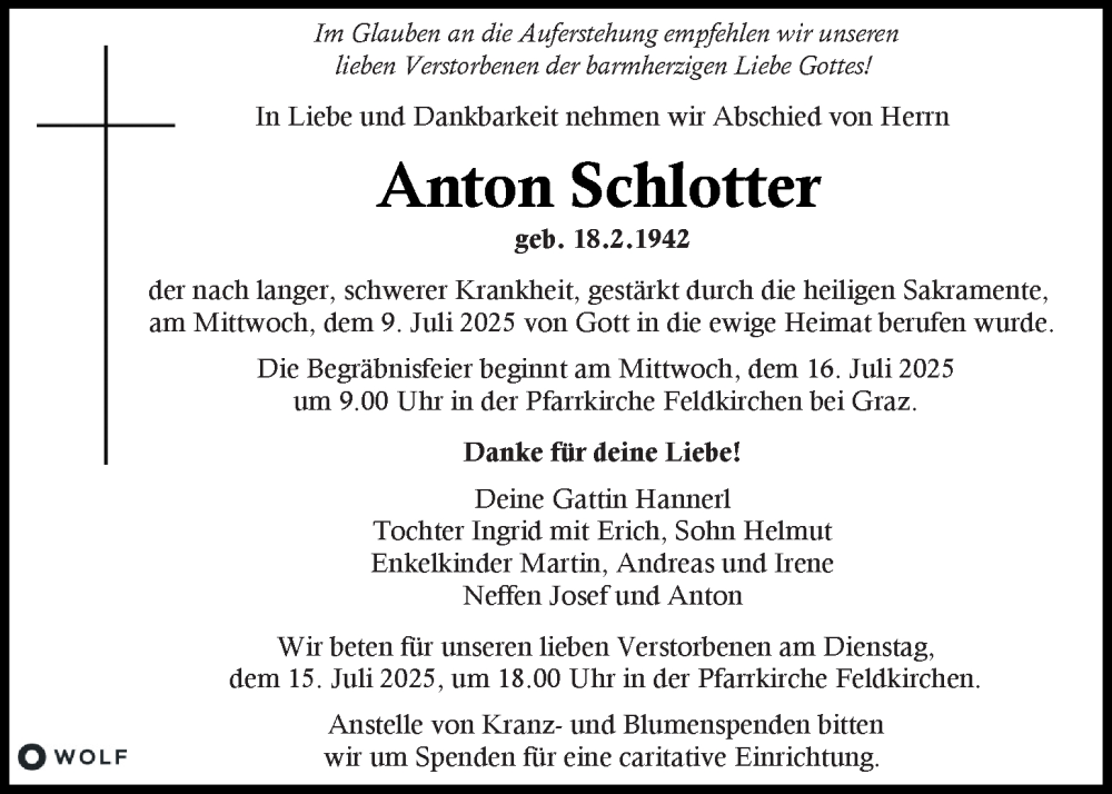  Traueranzeige für Anton Schlotter vom 12.07.2025 aus Kleine Zeitung