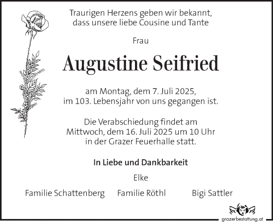 Traueranzeige von Augustine Seifried von Kleine Zeitung