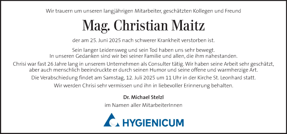  Traueranzeige für Christian Maitz vom 06.07.2025 aus Kleine Zeitung