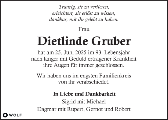 Traueranzeige von Dietlinde Gruber von Kleine Zeitung