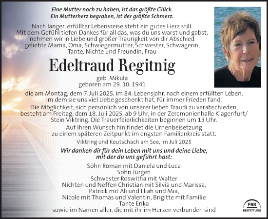 Traueranzeige von Edeltraud Regitnig von Kleine Zeitung
