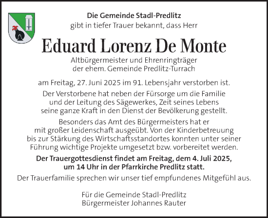 Traueranzeige von Eduard Lorenz De Monte von Kleine Zeitung