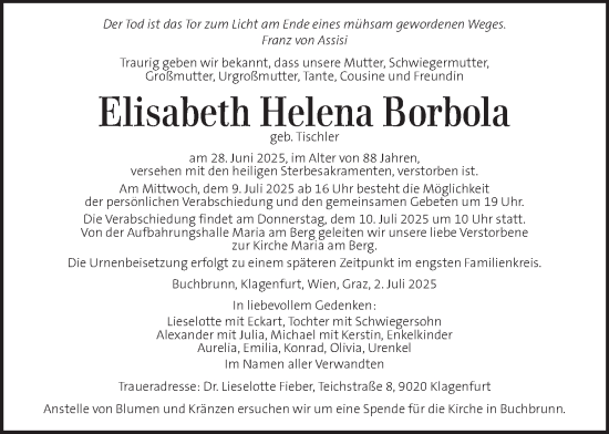 Traueranzeige von Elisabeth Helena Borbola von Kleine Zeitung
