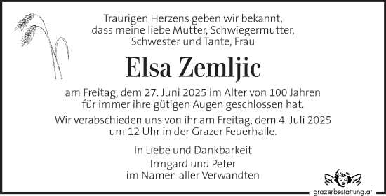 Traueranzeige von Elsa Zemljic von Kleine Zeitung