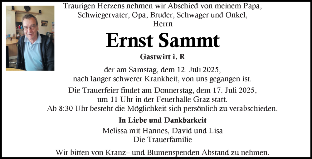  Traueranzeige für Ernst Sammt vom 15.07.2025 aus Kleine Zeitung