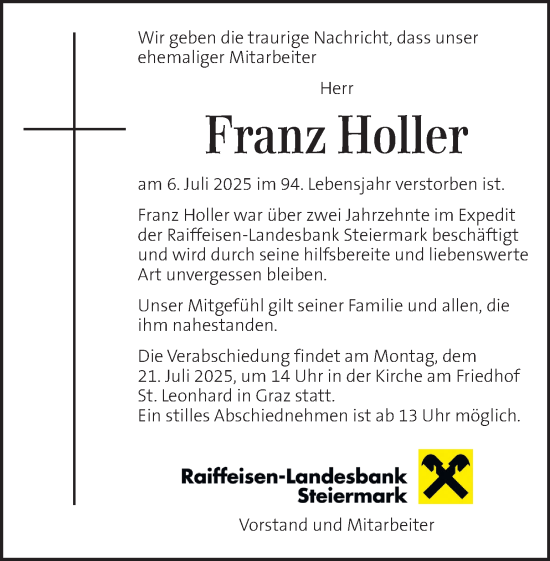 Traueranzeige von Franz Holler von Kleine Zeitung