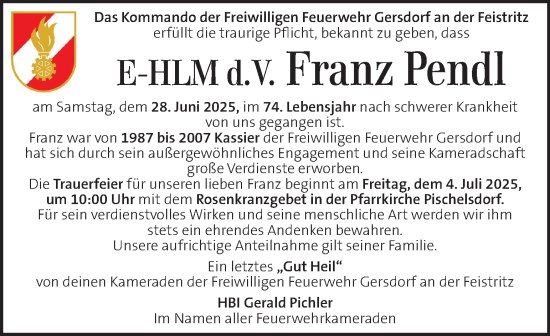 Traueranzeige von Franz Pendl von Kleine Zeitung