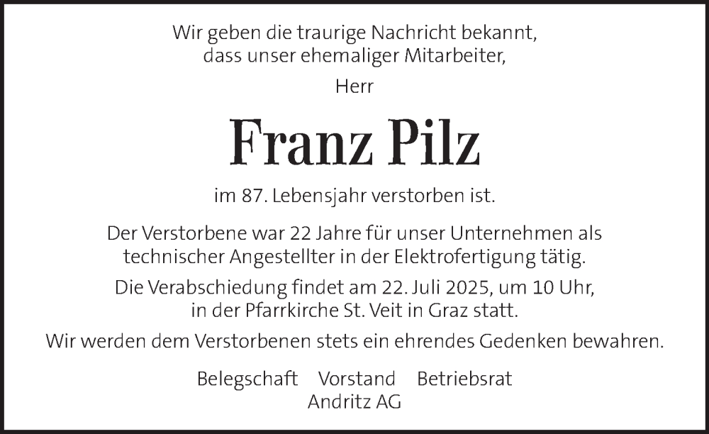  Traueranzeige für Franz Pilz vom 19.07.2025 aus Kleine Zeitung
