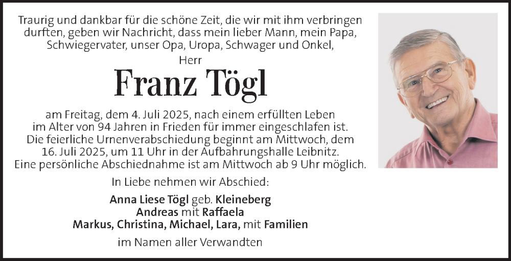  Traueranzeige für Franz Tögl vom 12.07.2025 aus Kleine Zeitung