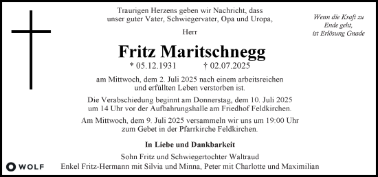 Traueranzeige von Fritz Maritschnegg von Kleine Zeitung