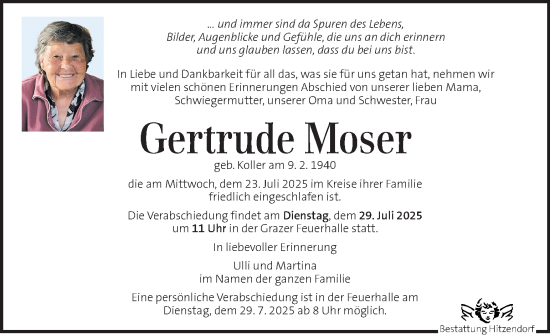 Traueranzeige von Gertrude Moser von Kleine Zeitung