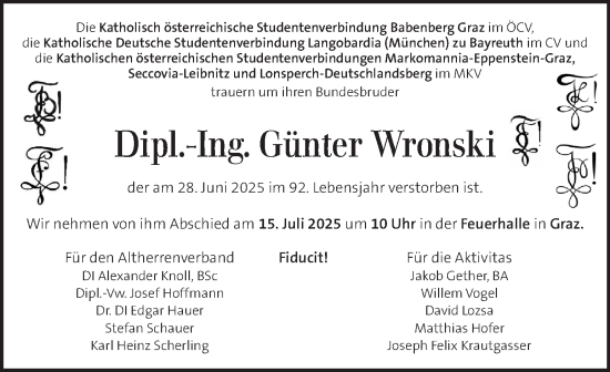 Traueranzeige von Günter Wronski von Kleine Zeitung
