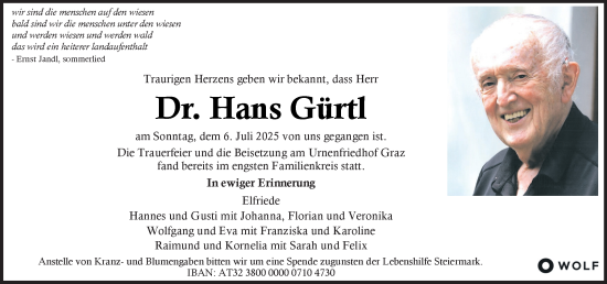 Traueranzeige von Hans Gürtl von Kleine Zeitung