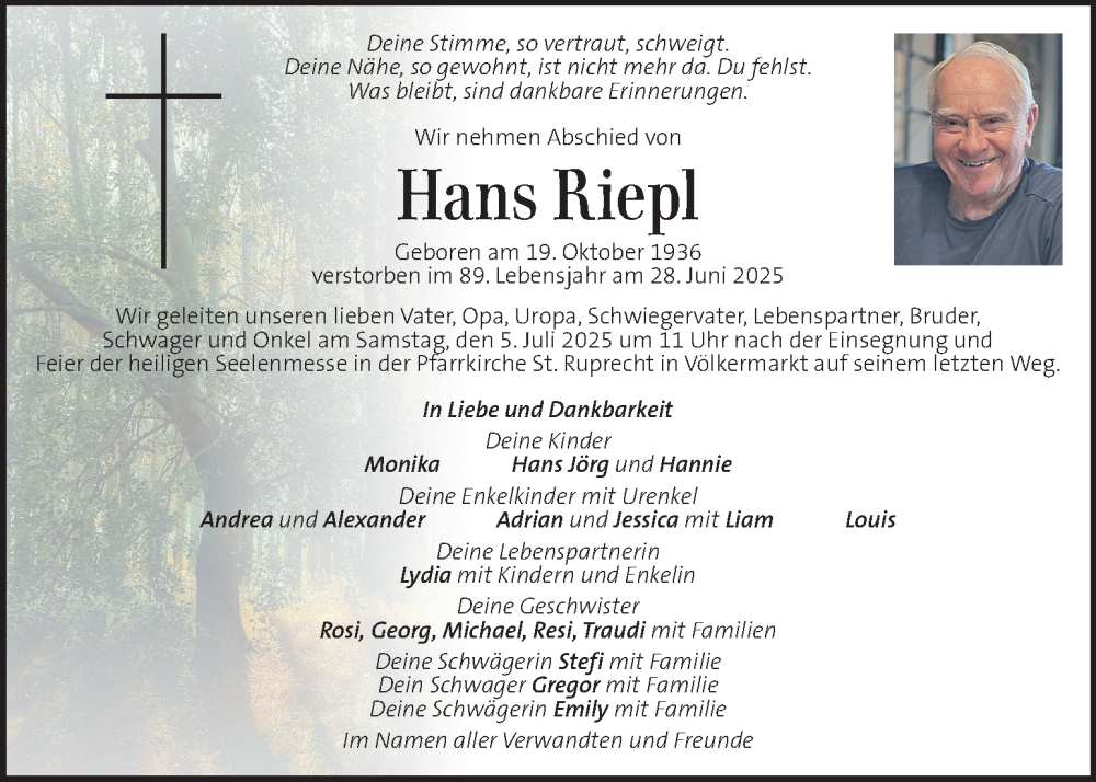  Traueranzeige für Hans Riepl vom 03.07.2025 aus Kleine Zeitung