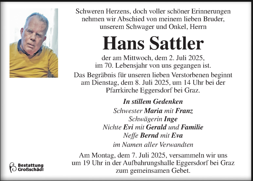  Traueranzeige für Hans Sattler vom 05.07.2025 aus Kleine Zeitung