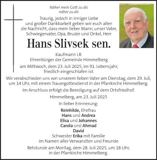 Traueranzeige von Hans Slivsek von Kleine Zeitung