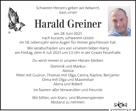 Traueranzeige von Harald Greiner von Kleine Zeitung
