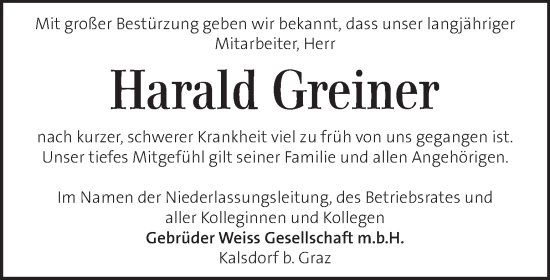 Traueranzeige von Harald Greiner von Kleine Zeitung