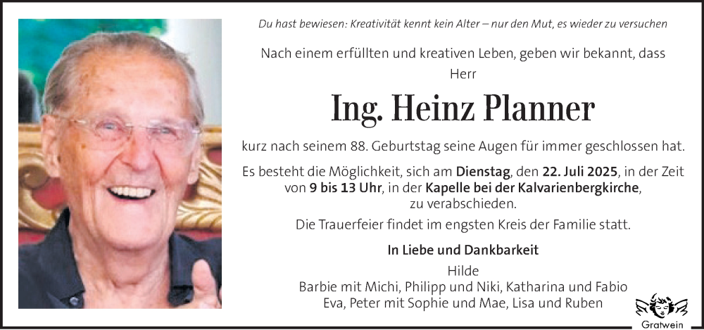  Traueranzeige für Heinz Planner vom 19.07.2025 aus Kleine Zeitung