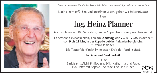 Traueranzeige von Heinz Planner von Kleine Zeitung
