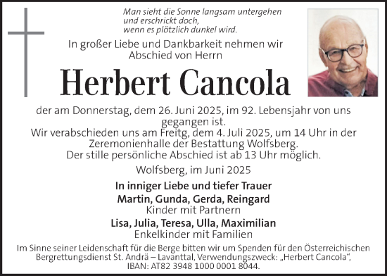 Traueranzeige von Herbert Cancola von Kleine Zeitung