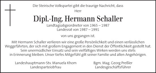 Traueranzeige von Hermann Schaller von Kleine Zeitung