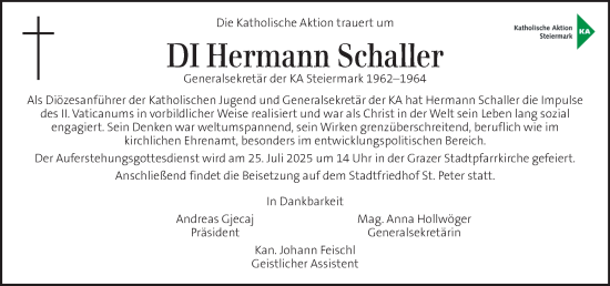 Traueranzeige von Hermann Schaller von Kleine Zeitung