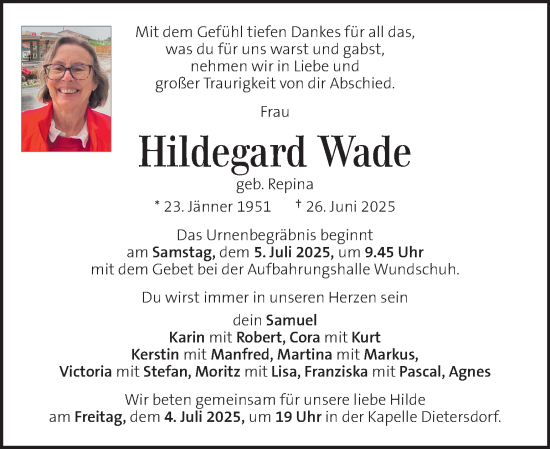 Traueranzeige von Hildegard Wade von Kleine Zeitung