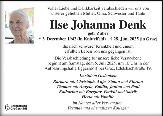 Traueranzeige von Ilse Johanna Denk von Kleine Zeitung