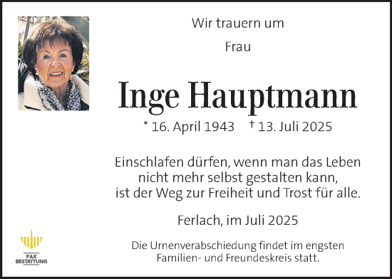 Traueranzeige von Inge Hauptmann von Kleine Zeitung