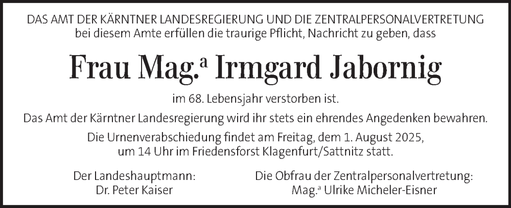  Traueranzeige für Irmgard Jabornig vom 16.07.2025 aus Kleine Zeitung