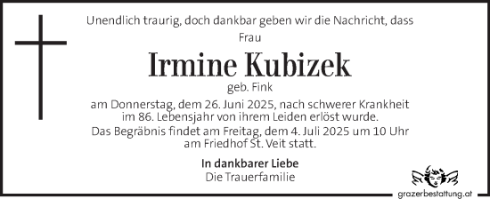 Traueranzeige von Irmine Kubizek von Kleine Zeitung