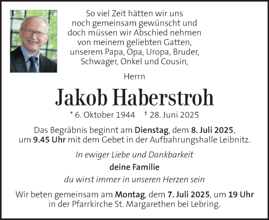 Traueranzeige von Jakob Haberstroh von Kleine Zeitung