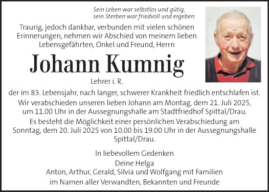 Traueranzeige von Johann Kumnig von Kleine Zeitung