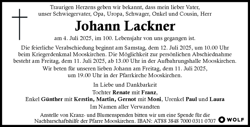  Traueranzeige für Johann Lackner vom 09.07.2025 aus Kleine Zeitung