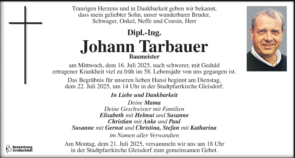  Traueranzeige für Johann Tarbauer vom 19.07.2025 aus Kleine Zeitung