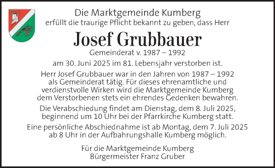 Traueranzeige von Josef Grubbauer von Kleine Zeitung