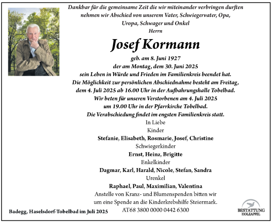 Traueranzeige von Josef Kormann von Kleine Zeitung