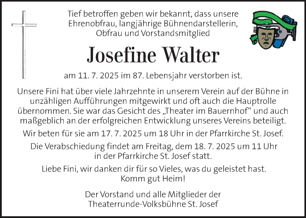  Traueranzeige für Josefine Walter vom 15.07.2025 aus Kleine Zeitung
