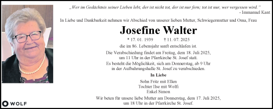 Traueranzeige von Josefine Walter von Kleine Zeitung