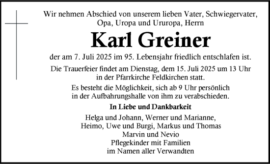 Traueranzeige von Karl Greiner von Kleine Zeitung