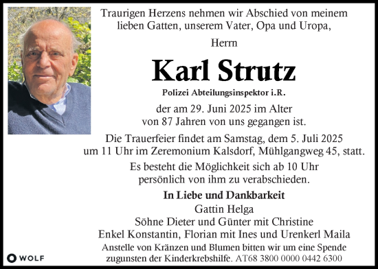 Traueranzeige von Karl Strutz von Kleine Zeitung
