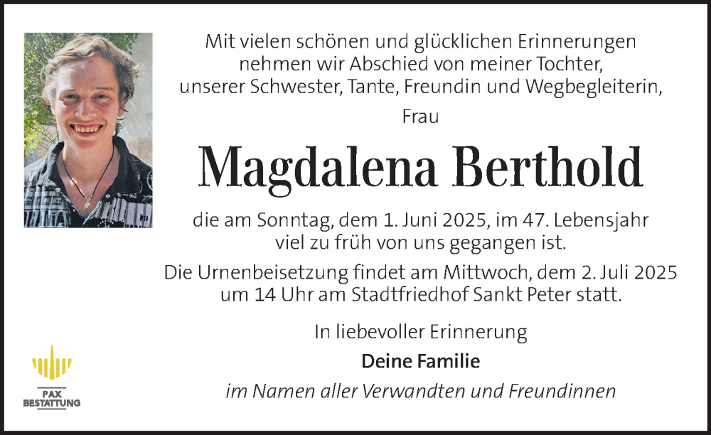  Traueranzeige für Magdalena Berthold vom 02.07.2025 aus Kleine Zeitung