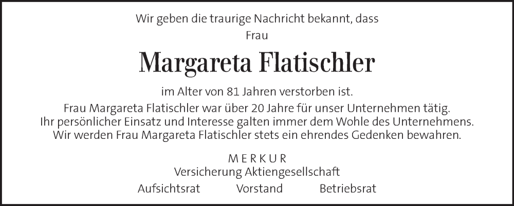  Traueranzeige für Margareta Flatischler vom 18.07.2025 aus Kleine Zeitung