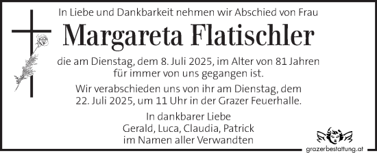 Traueranzeige von Margareta Flatischler von Kleine Zeitung