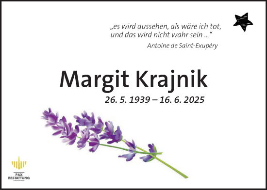 Traueranzeige von Margit Krajnik von Kleine Zeitung